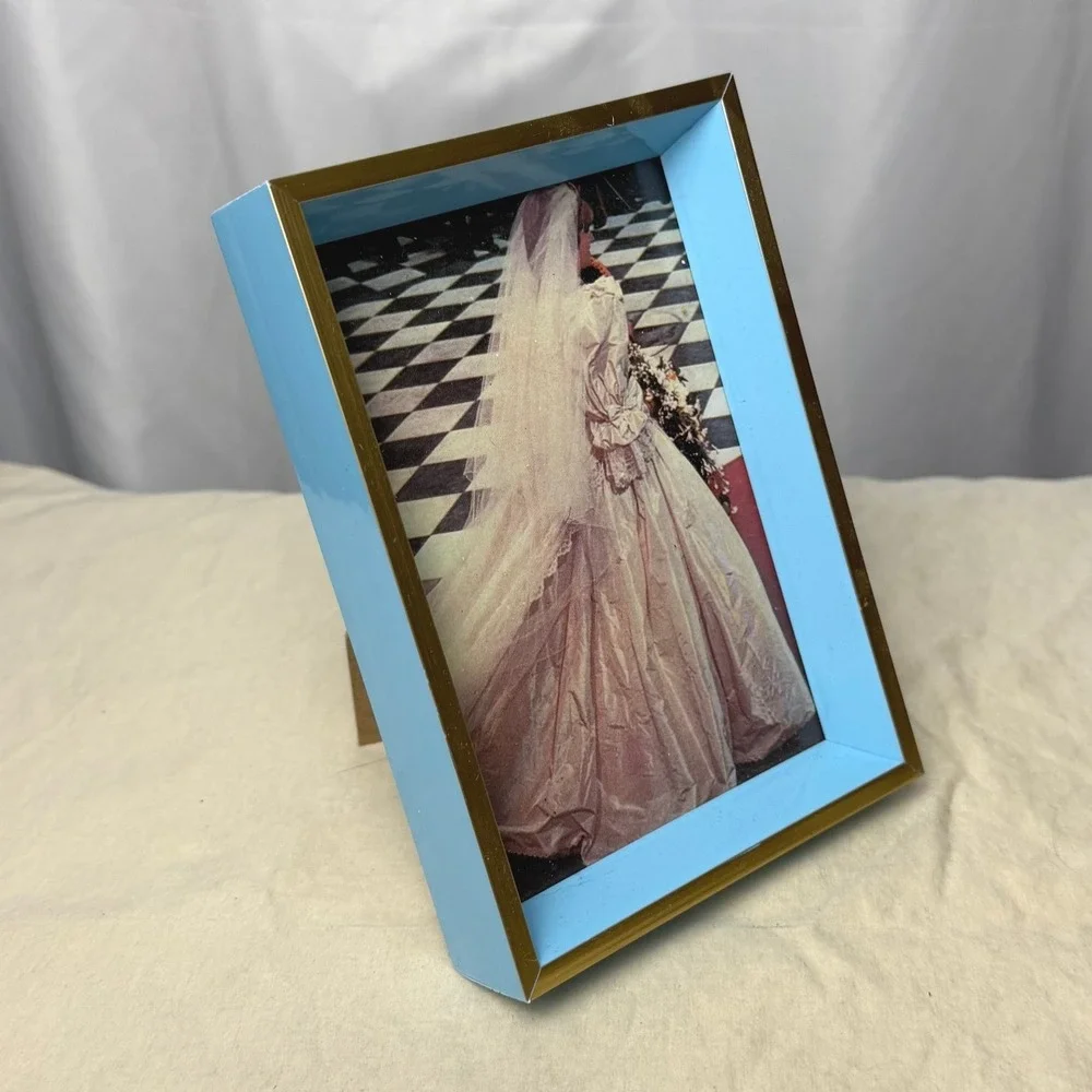 VTG Princess Diana Wedding Photo Gold Blue Frame Small 4x6 Tabletop Easel